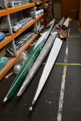 Three single scull rowing boats (No riggers part restored).