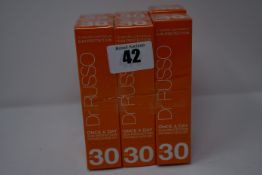 Six as new Dr Russo Once A Day sun protection invisible face gels SPF 30 (30ml).