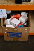 A box of assorted as new and pre-owned cables, small electrical items and accessories.