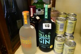 Five bottles of miscellaneous gins to include The Lakes pink grape fruit and Gordons London dry