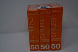 Six as new Dr Russo Once A Day sun protection invisible face gels SPF 50 (30ml).
