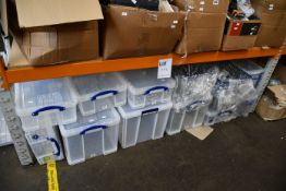 A quantity of assorted lidded storage boxes and wire shopping baskets (Three with damage to corner