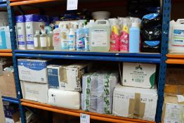 Two shelves of miscellaneous general cleaning/hygiene related items to include Fairy Non Bio washing