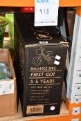 One boxed Banwood balance bike (First Go, 3-5 years).