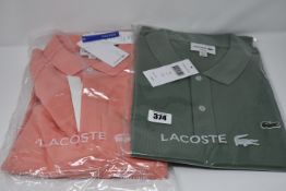 Two as new Lacoste polo shirts (US M/FR 4 and US L/FR 5 - RRP £80 - 90 each).