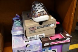 Three pairs of as new Skechers footwear; Memory Foam Graceful Get Connected (UK 4), Bobs for