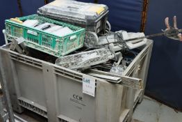 A crate of assorted tools and related items to include fans, tap and dye set, spanners and a tool