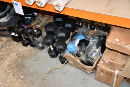 A quantity of weights and related items to include kettlebells and dumbbells of various size and
