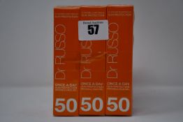 Six as new Dr Russo Once A Day sun protection invisible face gels SPF 50 (30ml).