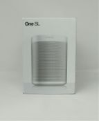A boxed as new Sonos One SL Smart Speaker in White (Box sealed, some cosmetic damage to box).