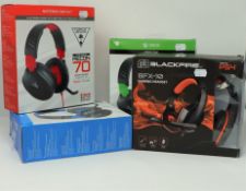 Six pre-owned boxed Turtle Beach Recon 70 Wired Gaming Headsets, four green, one red, one blue;