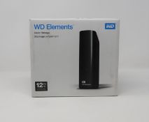 A boxed as new WD Elements 12TB USB3.0 External Desktop Hard Drive in Black (Box sealed, cosmetic