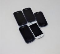 Five pre-owned Samsung Samsung Galaxy S3 mini mobile phones in blue and one pre-owned Samsung Galaxy