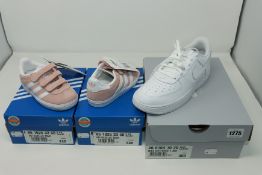 One as new Nike white Air Force 1 trainers junior size UK 2 (2601041020). Two as new Adidas pale