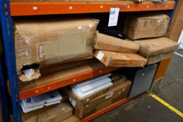 Two shelves of miscellaneous flatpack furniture and related items to include a heated towel radiator
