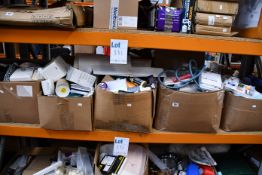 Six boxes of miscellaneous items to include one Mac Tools parrot pliers, Lighting Ever