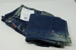 One men's pre-owned DSquared dark stone washed denim jeans with yellow and red stitching size 46.