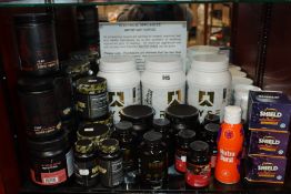 A quantity of heath supplements health care to include Redcon1 Cluster Bomb carbohydrate, Legion