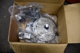 Four boxed as new Shimano equipment to include one Shimano quick speed chain cassette, one Shimano