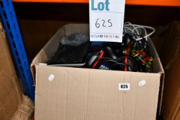 A box of assorted new and pre-owned small electrical items and accessories.