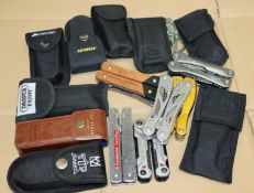 Sixteen assorted multi tools to include Stanley, Ted Baker, Victorinox and Draper (Over 18s only).