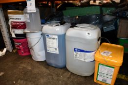 A quantity of assorted liquids and paints to include 25 litres of glass Brite, Arreghini Marmorino