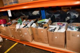 Six boxes of miscellaneous items to include one Chefs Patch Kampfer Series 8 inch chefs knife, one