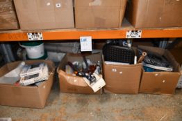 Four boxes of miscellaneous items to include one Spear and Jackson telescopic bypass lopper, one