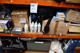 Two shelves of miscellaneous items to include one heavy duty/waterproof car cover (4x4 size), one