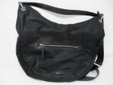 One pre-owned DKNY black half moon shaped cross body bag.