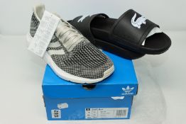 One as new Adidas Swift run trainers size UK 7.5 (B37736). One as new Lacoste Croco slide size UK