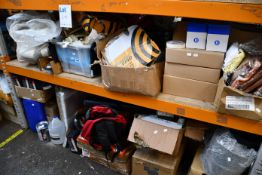 Two shelves of miscellaneous items, mainly industrial.