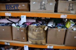 Five boxes of miscellaneous items to include Clarks rubber bike grips, one Silverline measuring tape