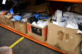 Five boxes of miscellaneous items to include one Beauty Live Stream LED ring light, one Wilson MVP