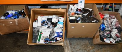 Four boxes of miscellaneous items to include one BDS Maschinen core drill, one Carlisle brass wall