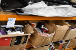 Four boxes of miscellaneous items to include one JSP construction safety helmet, one Toptrek bike