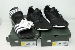 Two as new Adidas NMD_R1 J Shoes size UK 5 (CG6245). One as new Adidas Adilette Aqua K size UK 5.