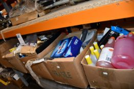 Five boxes of miscellaneous items to include one Nickel Wound D-Addario EXL125-3D guitar strings,