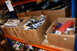 Four boxes of miscellaneous items to include one Pro Elec 50w floodlight, one Stanley