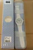 One boxed as new Swatch Sistem51 Hodinkee Summer Edition watch in white (SUTZ407).