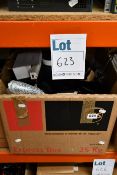 A box of assorted new and pre-owned small electrical items and accessories.