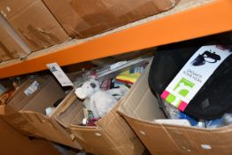 Four boxes of miscellaneous items to include one BT clamp digital meter, various bath bombs and