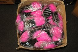 A large quantity of as new black slippers with hot pink fur.