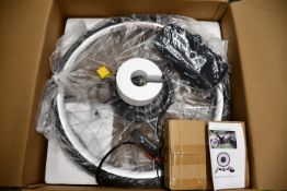 One boxed Electric bicycle kit to include one motor wheel, one controller bag, brake levers and