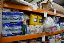 A quantity of household cleaning items to include cloths, washing powder, disinfectant wipes and