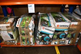 Five boxed Gardena wall-mounted automatic hose boxes 8024 (Some items may be slightly damaged or