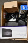 A box of assorted as new and pre-owned cables, small electrical items and accessories including