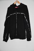 One pre-owned Supreme zip up black hoodie size L (Sleeve patches damaged on the hand end).