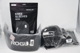 One as new Rogue 5MM Knee Sleeve (Pair) size S (TEC0021-BLK-S). One as new Rogue Patch Trucker