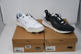 One pair of Pepe Jeans Slate Pro Basic trainers in white (42) and one pair of Pepe Jeans No22 Summer